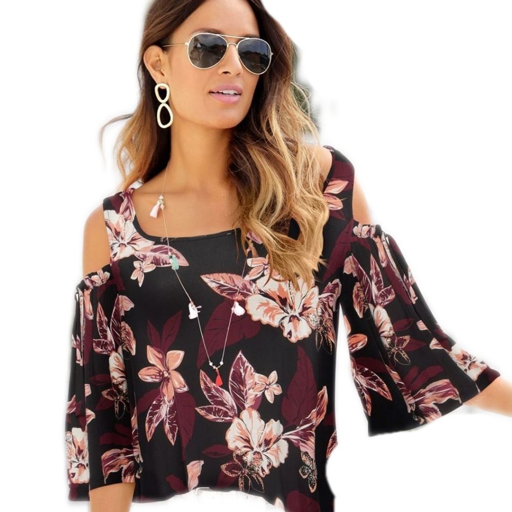 Lascana VENUS Black Peach Maroon Floral Cold Shoulder 3/4 Sleeve Blouse Top, XS